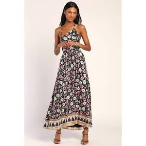 Lulus Bohemian Bliss Black Floral Asymmetrical Backless Maxi Dress - Size XS